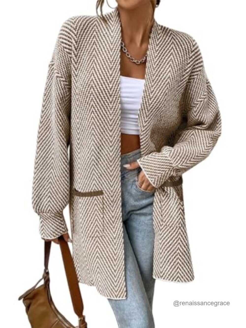 Open Front Chevron Cardigan Sweater Acrylic Long Sleeve with Pockets